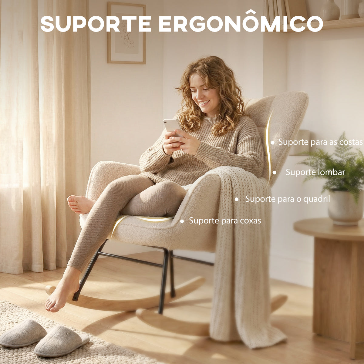 Poltrona Baloiço Poltrona de Sala de Estar Oscilação de 40° com Pés de Madeira de Faia e Estrutura de Aço para Dormitório Carga Máxima 120 kg 71x98x101 cm Bege — foto 5
