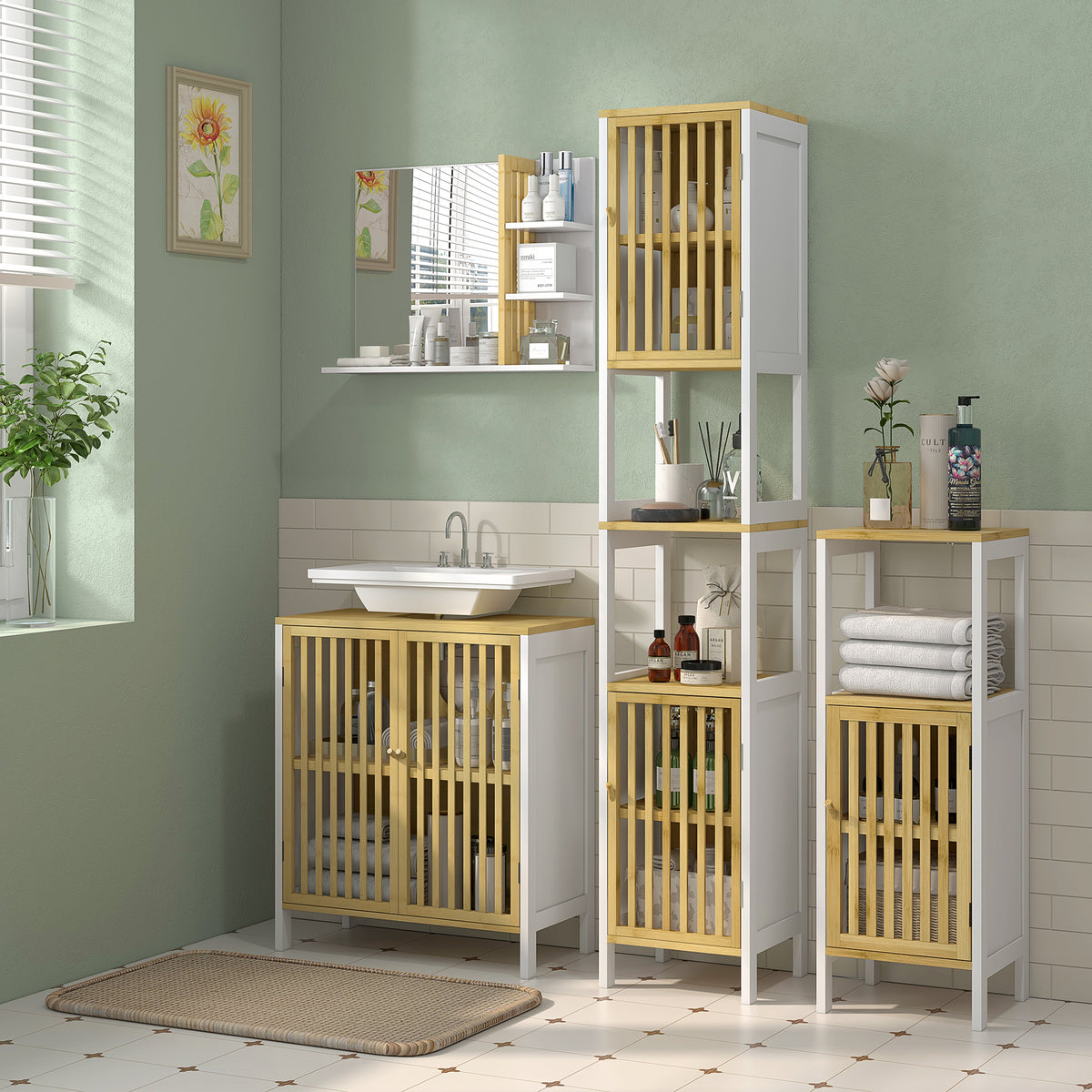 Armário Casa de Banho Móvel Auxiliar de Casa de Banho com 1 Prateleira Aberta 1 Porta e 1 Prateleira Ajustável 32x30x90,5 cm Natural e Branco — foto 2
