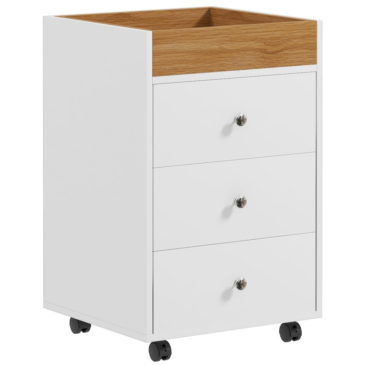 Bloco de Gavetas para Escritório Móvel Arquivador com 4 Rodas 3 Gavetas e 1 Bandeja Amovível Carga 30 kg 43x40x66,5 cm Branco e Natural — foto 1