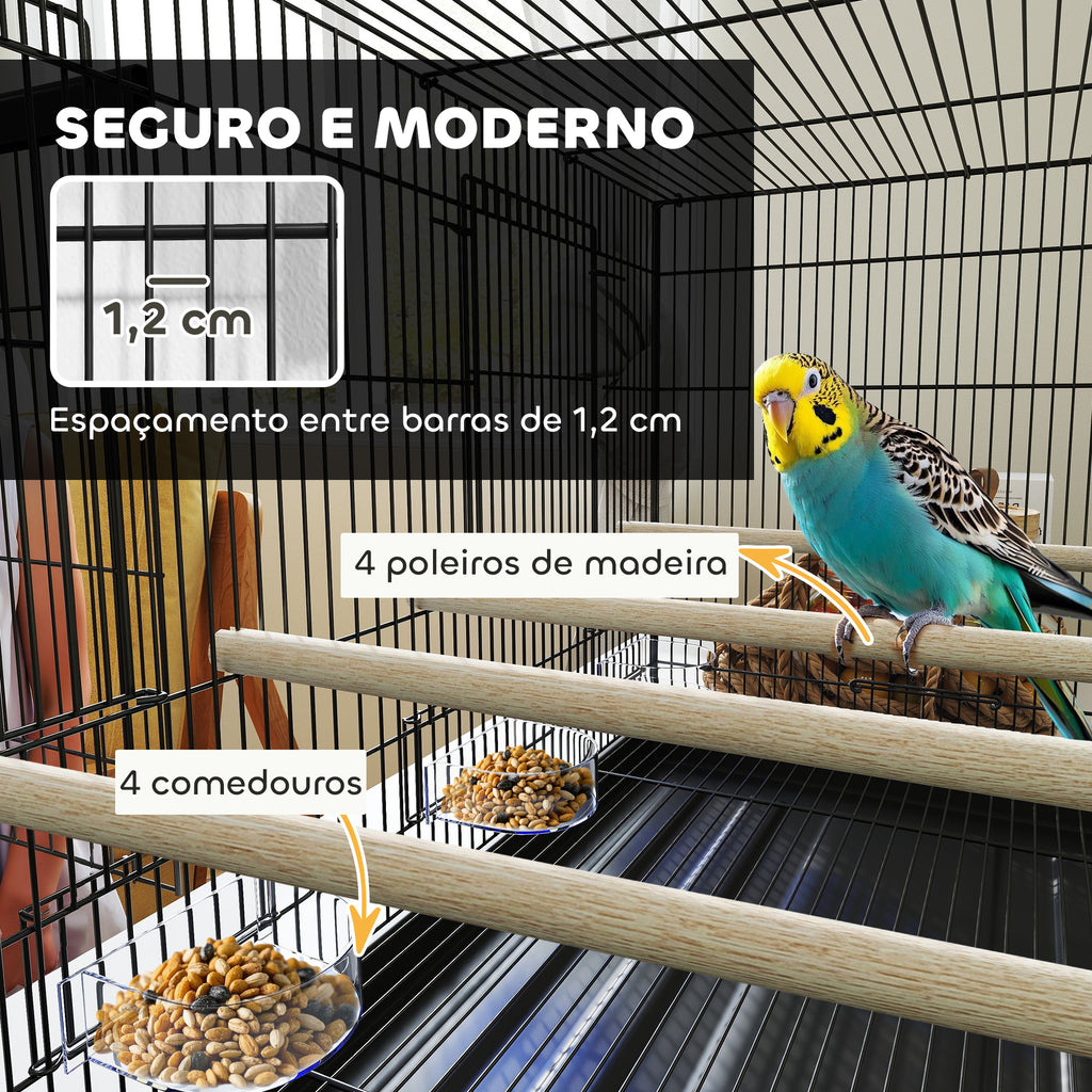 Gaiola para Pássaros com Divisória Gaiola para Aves com 4 Comedouros 4 Poleiros e Bandeja Amovível Gaiola para Canários Periquitos 76x46x46 cm Preto — foto 5