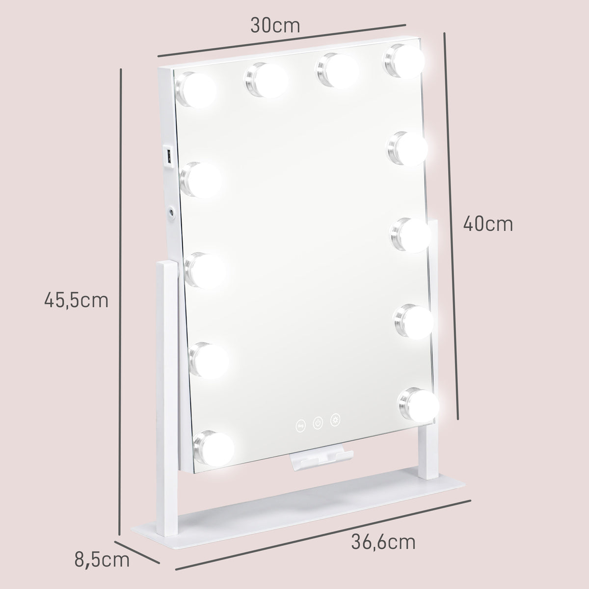 Espelho de Maquilhagem Estilo Hollywood com Luzes Espelho de Toucador Giratório 30x40 cm com 12 Lâmpadas LED 3 Modos de Iluminação Ajustáveis Interruptor Tátil Suporte para Telemóvel e Entrada USB Branco — foto 3