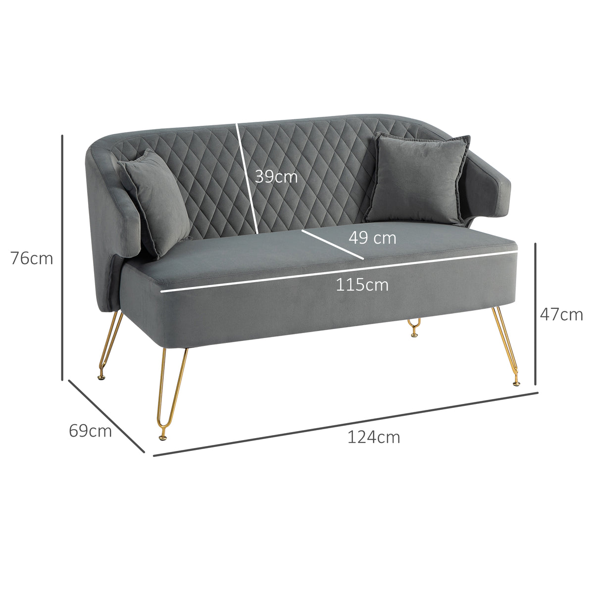 Sofá de 2 Lugares Estofado em Veludo Sofá Sala de Estar com 2 Almofadas Apoio para o Braço e Pés de Aço Dourado Sofá Pequeno Carga 240 kg para Dormitório Escritório 124x69x76 cm Cinza — foto 3