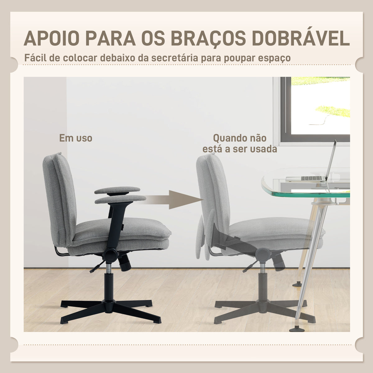 Cadeira de Escritório Cadeira de Secretária com Apoios de Braço Rebatíveis Assento Largo sem Rodas Altura Ajustável Giratória Função Basculante e Estofada em Linho 76x70x85-97 cm Cinzento — foto 5
