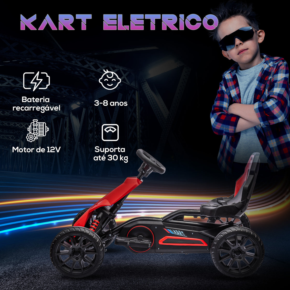 Go Kart Carro Elétrico para Crianças de 3 a 8 Anos Kart a Bateria 12V Velocidade Ajustável 3-5 km/h e Cinto de Segurança Carga 30 kg para Exterior 100x58x58,5 cm Vermelho — foto 4