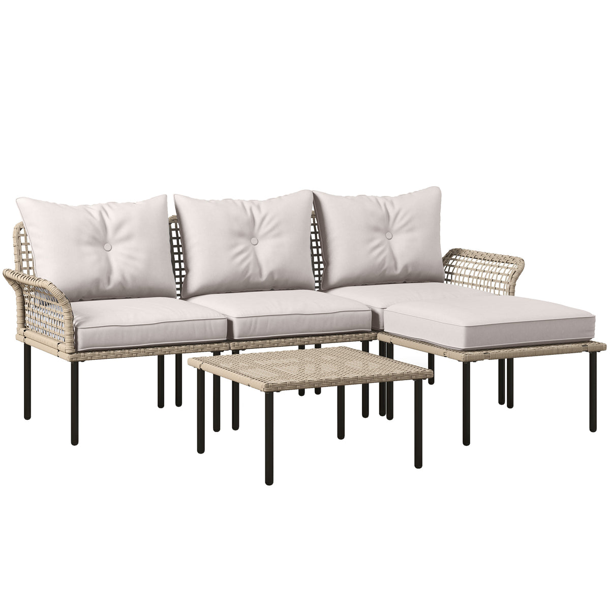 Conjunto de Jardim em Vime Sintético Conjunto de Móveis de Exterior com Sofá de 4 Módulos 1 Mesa de Centro e Almofadas Creme — foto 1