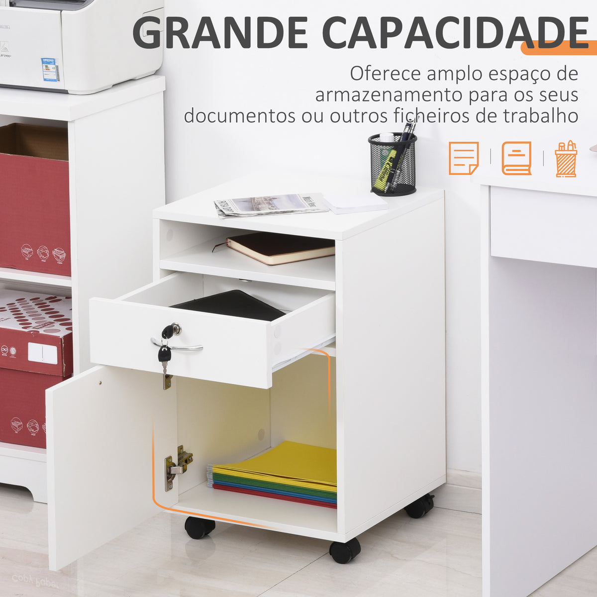 Essenza Bloco de Gavetas de Escritório com 4 Rodas Prateleira Aberta e Armário 40x35x60 cm Branco — foto 4