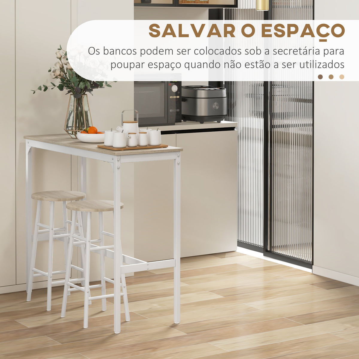 Conjunto de Mesa Alta de Bar com 2 Bancos Mesa Alta de Cozinha com Bancos Estrutura em Aço Mesa Alta Estilo Industrial para Sala de Jantar Natural e Branco — foto 5