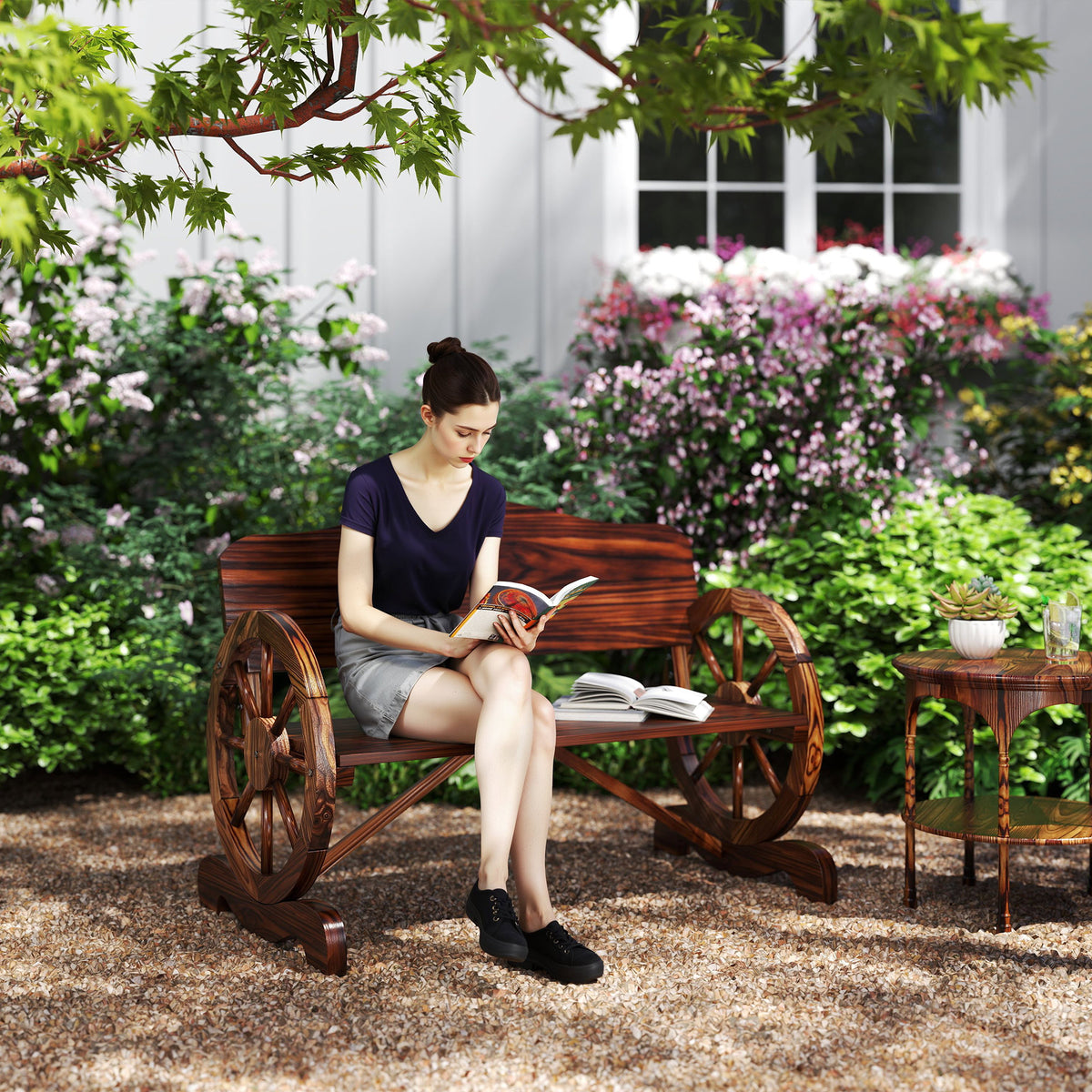 Banco de Jardim de Madeira Banco de Exterior com Apoios de Braço em Forma de Roda Estilo Rústico Carga 240 kg 2 Lugares para Pátio Varanda 110x50x80 cm Nogueira — foto 2