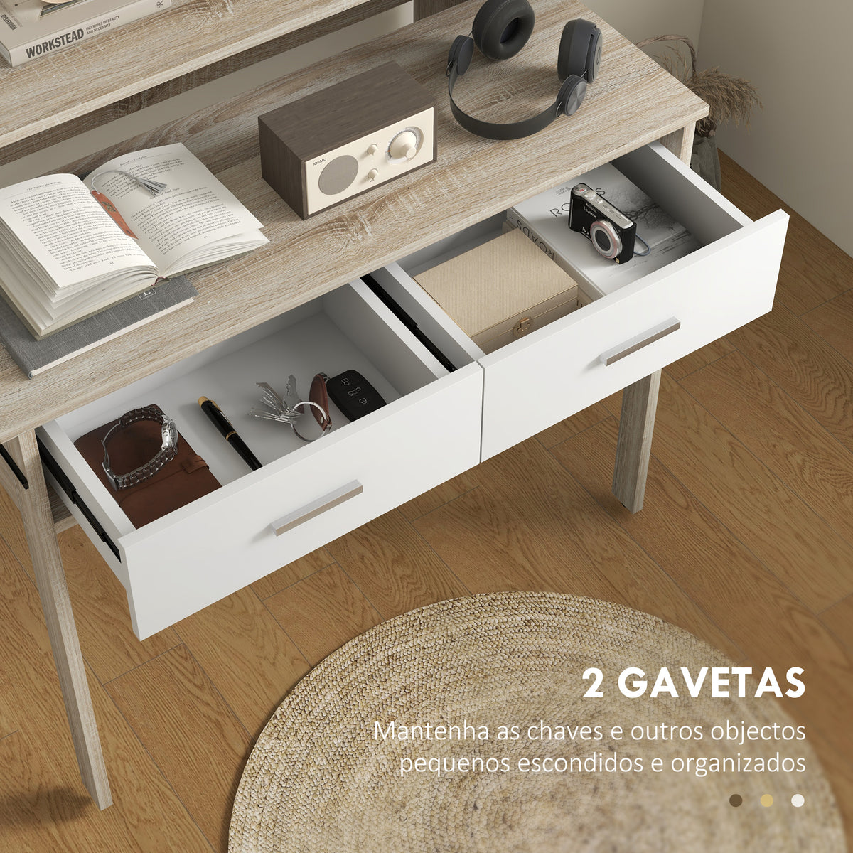 Mesa Consola Moderna de Entrada de 2 Níveis com Trilhos Deslizantes 2 Gavetas 2 Rodas Anti-Tombo Móvel de Entrada para Sala de Estar Corredor 95x35x87 cm Madeira e Branco — foto 5