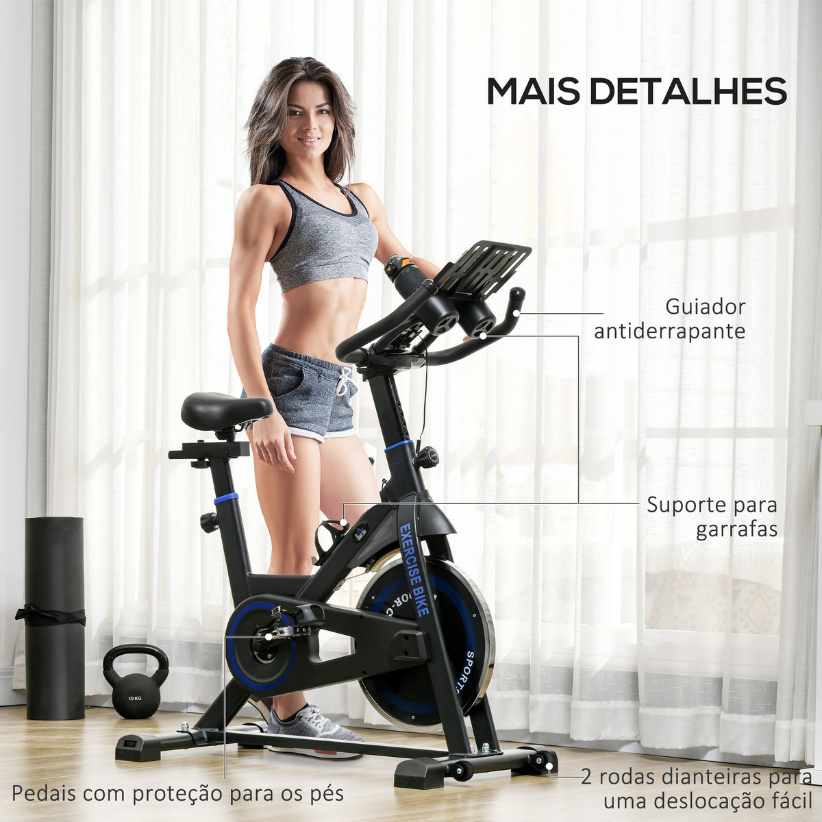 Bicicleta Estática com Resistência Ajustável Bicicleta Estática Fitness com Volante de Inércia 8 kg Ecrã LCD Guiador e Assento Ajustáveis para Casa Ginásio 103x53x110-114 cm Azul — foto 8
