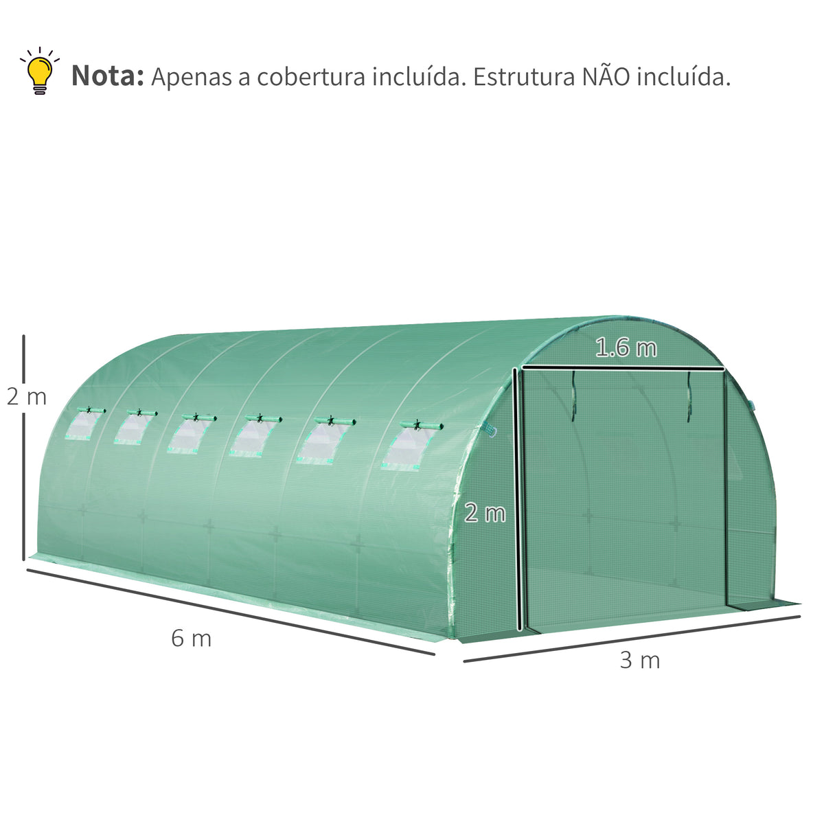Cobertura de Estufa de Túnel 6x3x2m Cobertura de Substituição de Estufa Polietileno com 12 Janelas e Portas Enroláveis Proteção de Plantas para Jardim Verde — foto 3