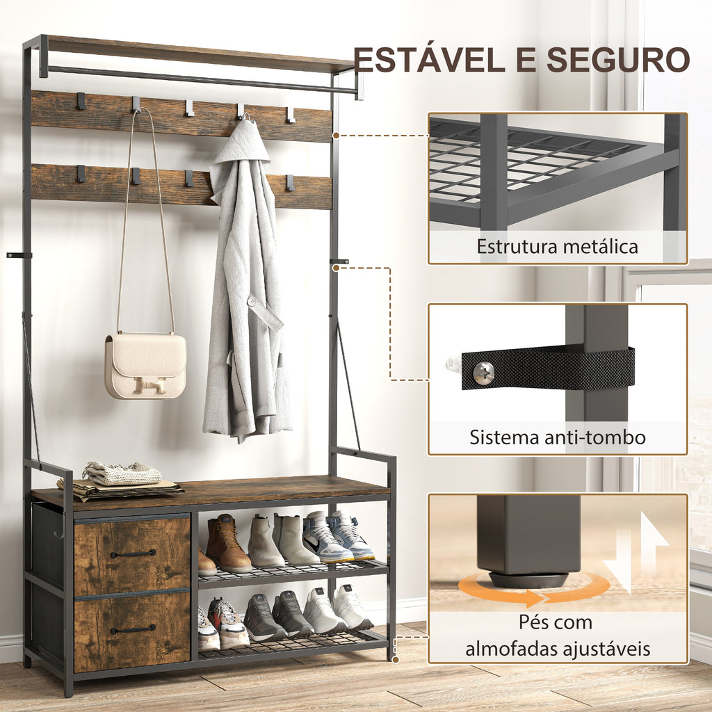 Móvel Cabide de Entrada 6 em 1 com Banco Móvel de Entrada com 10 Ganchos Ajustáveis 2 Gavetas Barra para Pendurar Estilo Industrial para Corredor 100x40x180 cm Castanho Rústico — foto 6