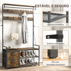 Móvel Cabide de Entrada 6 em 1 com Banco Móvel de Entrada com 10 Ganchos Ajustáveis 2 Gavetas Barra para Pendurar Estilo Industrial para Corredor 100x40x180 cm Castanho Rústico — foto 6