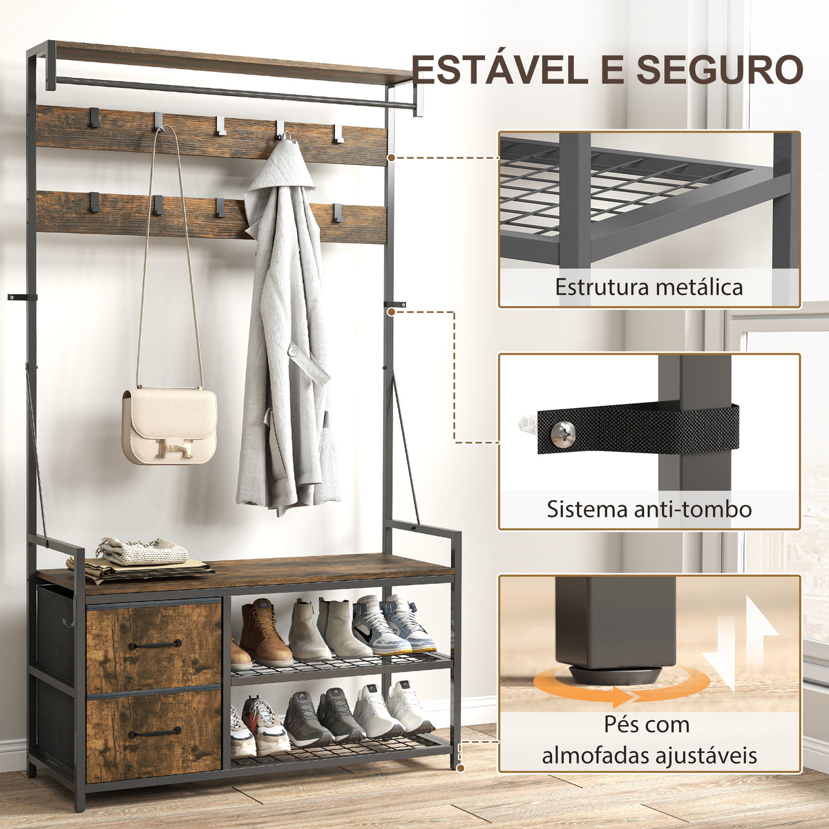 Móvel Cabide de Entrada 6 em 1 com Banco Móvel de Entrada com 10 Ganchos Ajustáveis 2 Gavetas Barra para Pendurar Estilo Industrial para Corredor 100x40x180 cm Castanho Rústico — foto 6