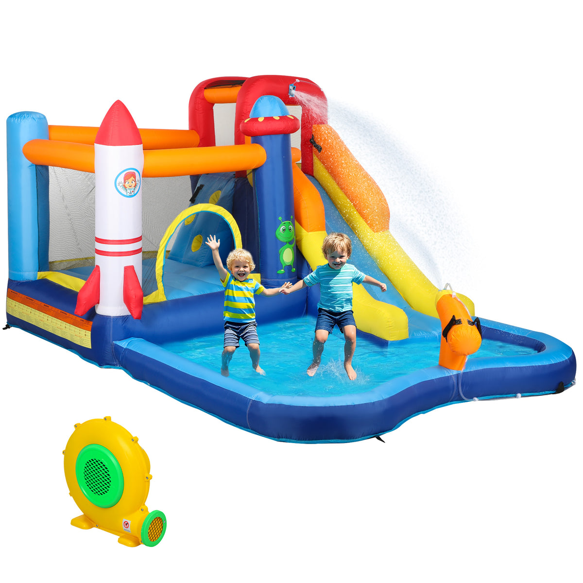 Castelo Insuflável com Insuflador 5 em 1 Parque Aquático Insuflável para Crianças com Escorrega Piscina Parede de Escalada e Canhão de Água para Exteriores e Interiores 360x250x195 cm Multicor — foto 1