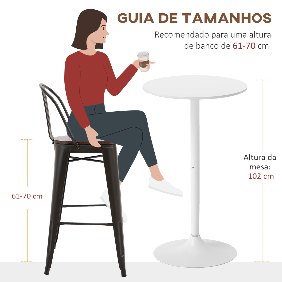 Mesa de Bar Redonda Mesa Alta de Cozinha Moderna com Bancada Pintada e Estrutura de Aço para 2 Pessoas para Casa Sala de Jantar Ø60x102 cm Branco — foto 7