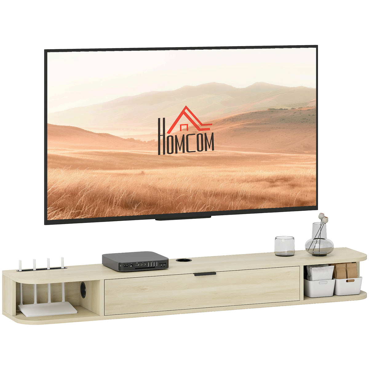 Móvel de TV Suspenso Móvel de TV para Sala com Gaveta Rebatível 2 Prateleiras Abertas Orifício para Cabos Estilo Moderno para Televisão 60 Polegadas 140x24x16 cm Madeira — foto 1