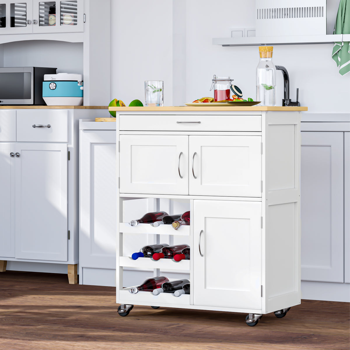Carrinho de Cozinha com Rodas Carrinho de Cozinha com Gaveta 2 Armários de Armazenamento e 3 Prateleiras Abertas para 9 Garrafas para Sala de Jantar 67x37x87cm Branco — foto 2