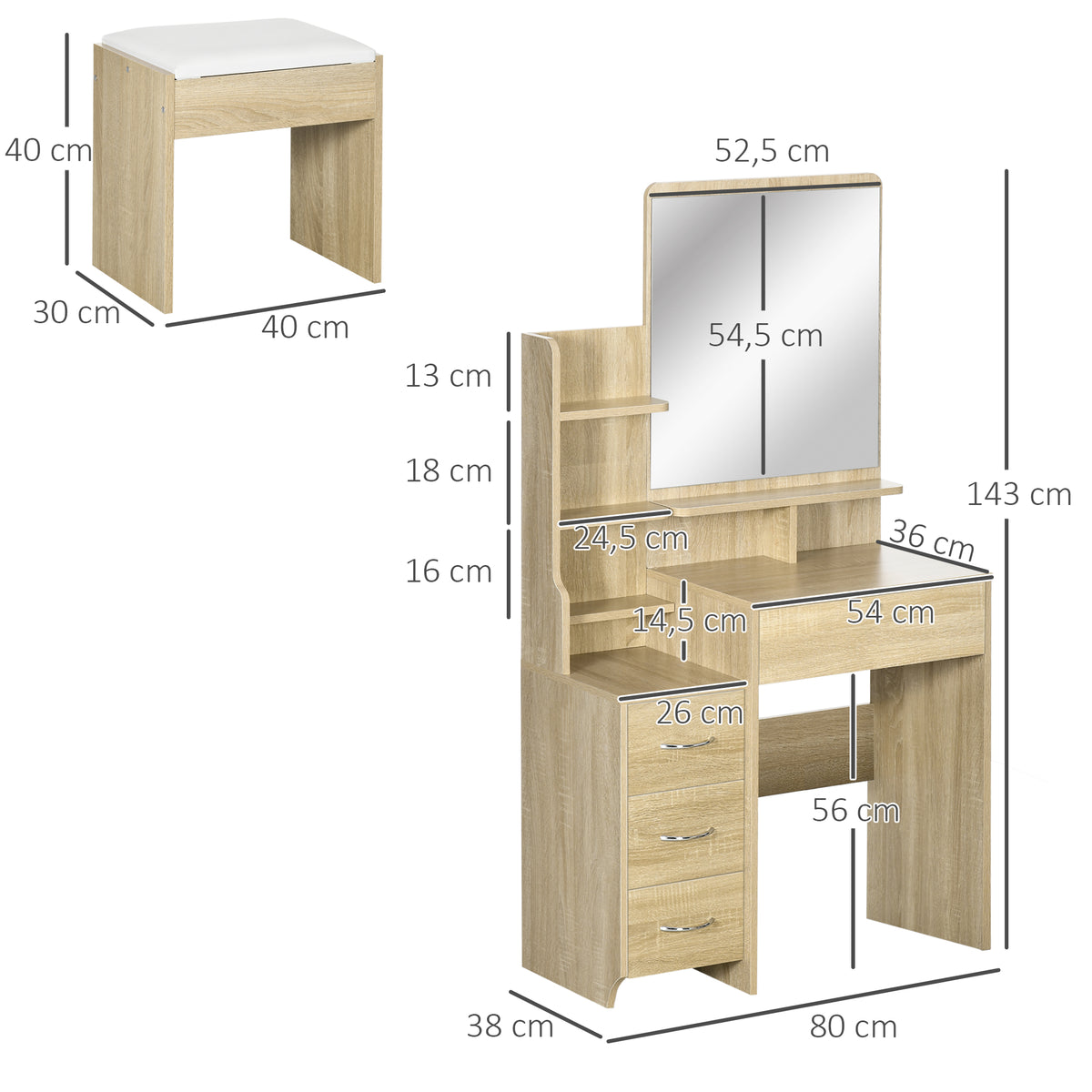 Toucador de Maquilhagem com Banco e Espelho Mesa de Maquilhagem com 4 Gavetas 4 Compartimentos de Armazenamento Estilo Moderno 80x38x143 cm Madeira — foto 3