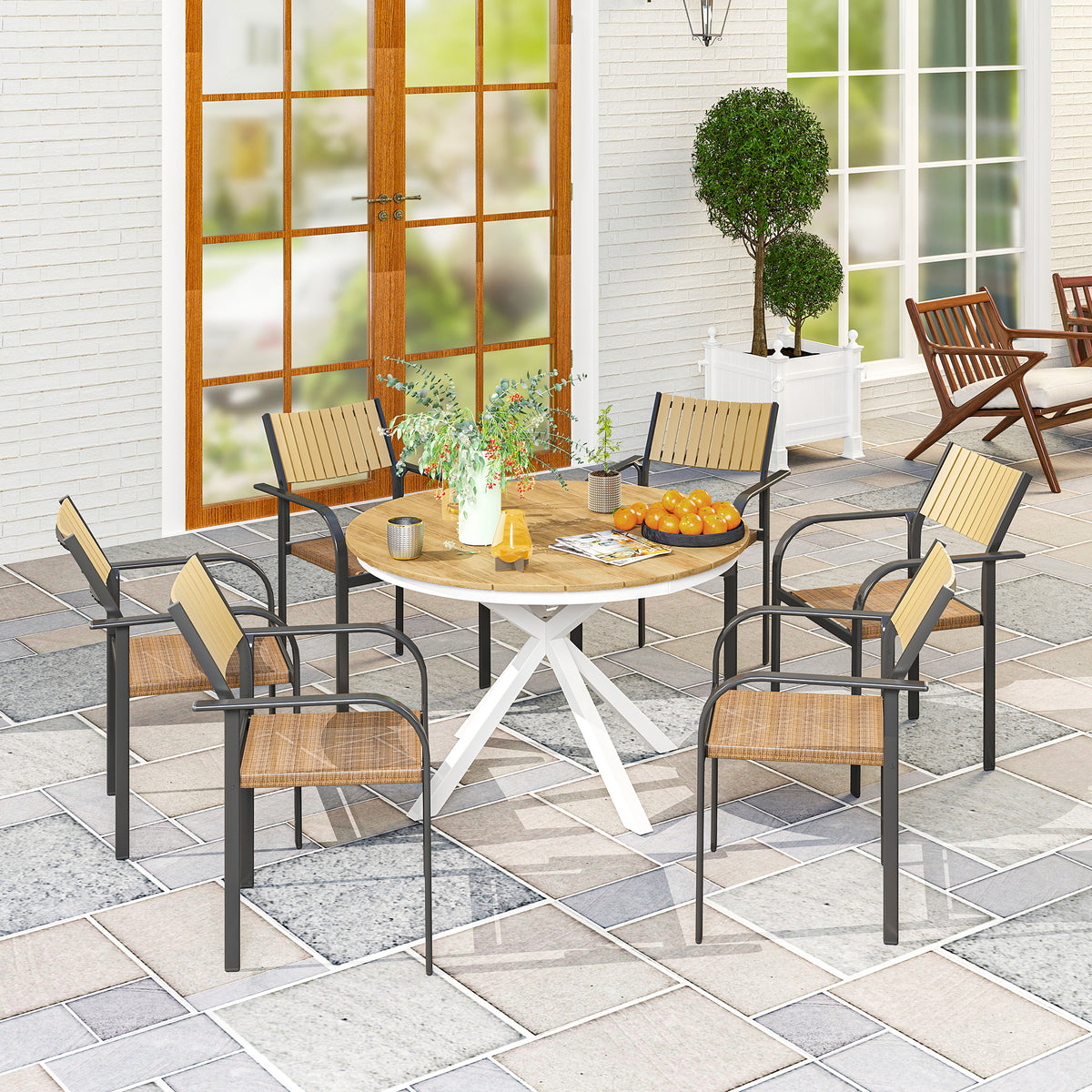 Mesa de Jardim Redonda Mesa de Exterior Ø118x74 cm com Estrutura de Alumínio Pés Cruzados e Bancada em Ripas Carga 70 kg para Pátio Varanda Madeira e Branco — foto 2