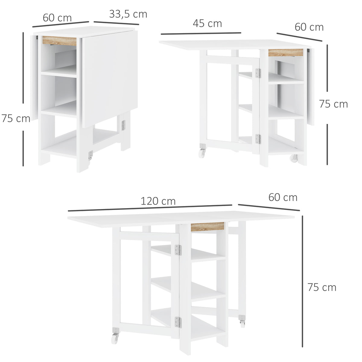 Mesa Dobrável com Asas Dobráveis Mesa de Cozinha com 2 Rodas e Prateleiras Estilo Moderno 120x60x75 cm Branco — foto 3
