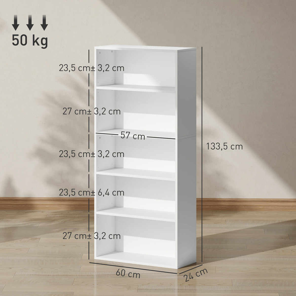 Estante de 5 Níveis Estante para Livros com 2 Prateleiras Ajustáveis para Sala de Estar Escritório Quarto 60x24x133,5 cm Branco — foto 3