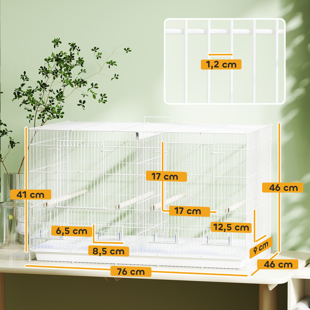 Gaiola para Pássaros com Divisória Gaiola para Aves com 4 Comedouros 4 Poleiros e Bandeja Amovível Gaiola para Canários Periquitos 76x46x46 cm Branco — foto 3