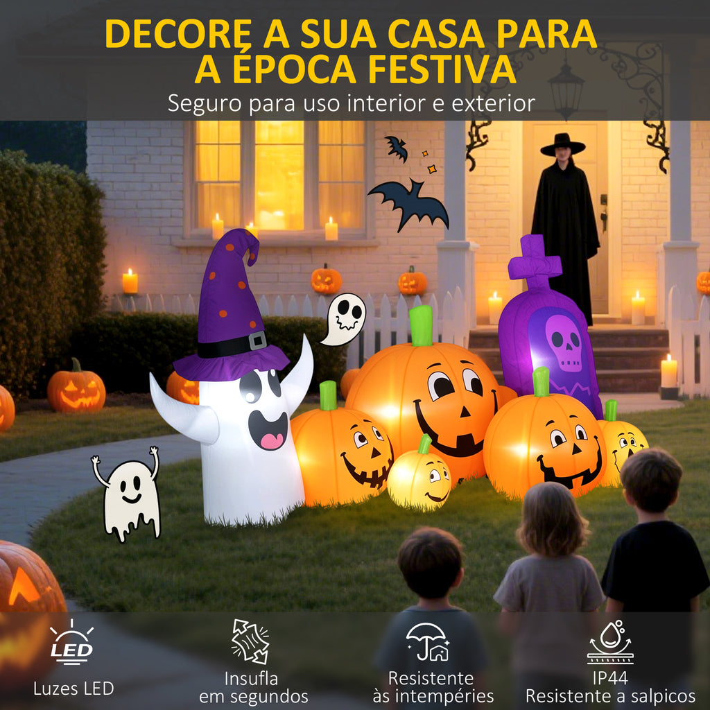 Abóbora Insuflável de Halloween com Fantasma e Lápida Decoração de Halloween com Luzes LED IP44 e Insuflador para Jardim Festas Exterior 240x130x130 cm Multicolor — foto 4