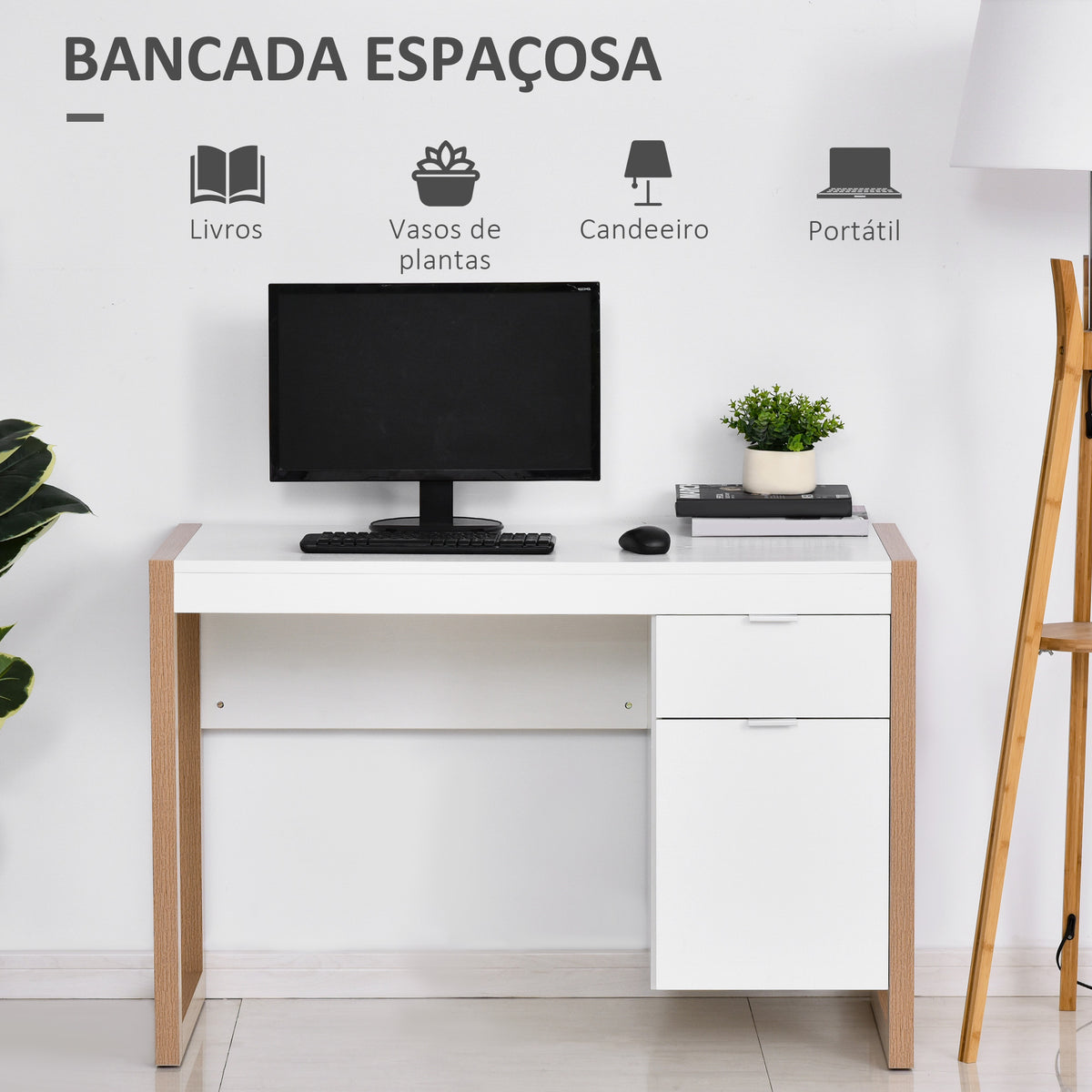 Mesa de Computador Secretária Espaçosa com Gaveta Armário Pés em Forma Retangular Estilo Moderno 112,5x50x75,5 cm Branco e Madeira — foto 4