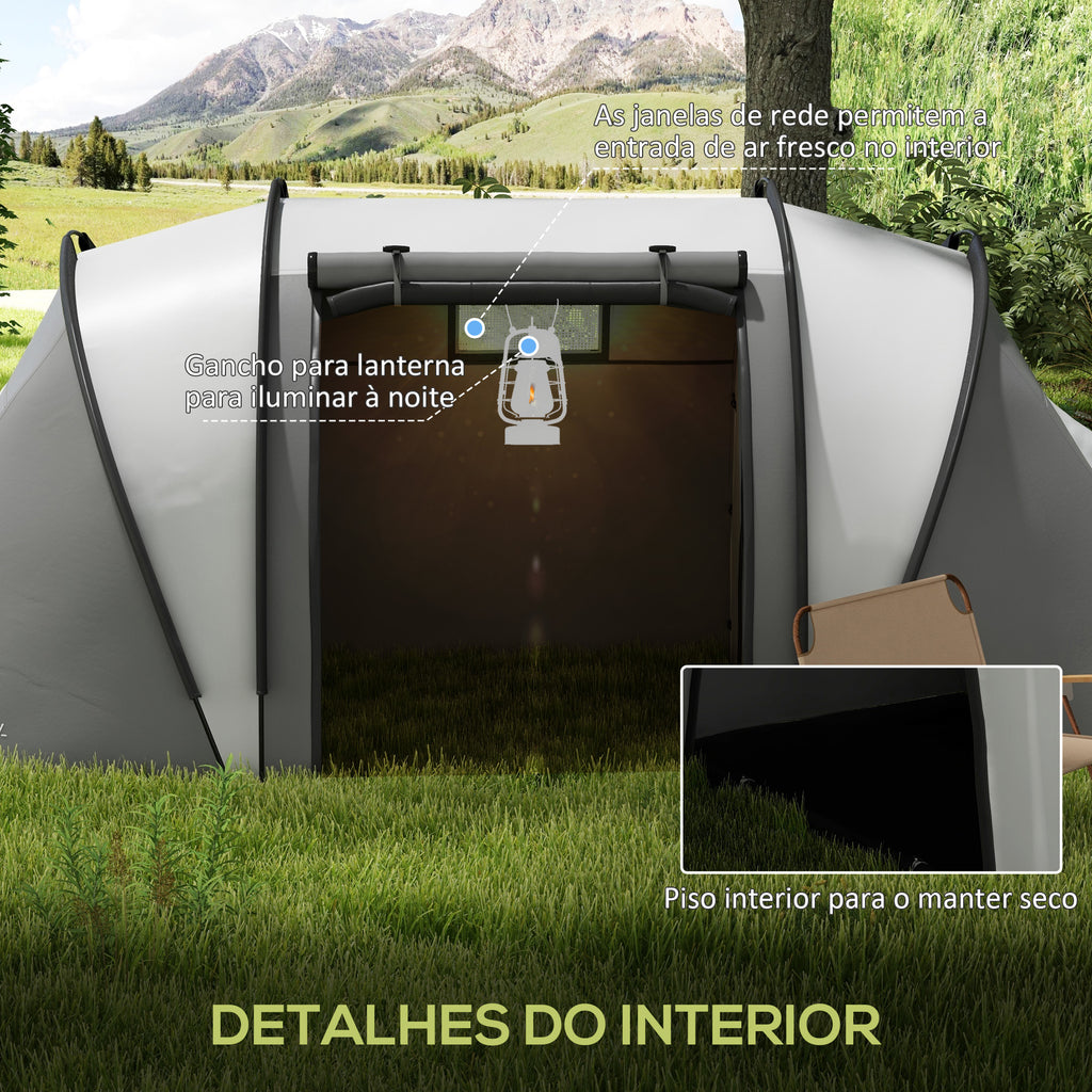 Tenda de Campismo Familiar para 4-5 Pessoas Tenda de Campismo Túnel Impermeável 3000 mm com 2 Quartos Bolsa de Transporte e Gancho Ideal para Caminhadas e Pesca Cinzento — foto 6