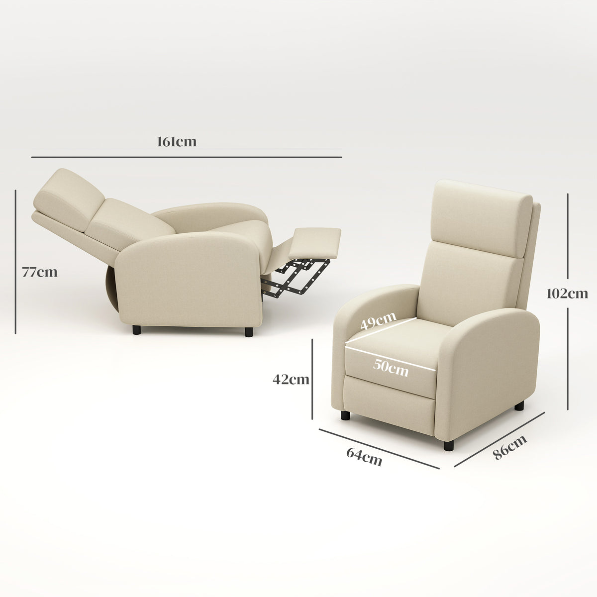 Poltrona Relax Reclinável até 160° Poltrona Reclinável Manual com Apoio para os Pés Carga Máxima 120 kg para Sala de Estar Dormitório 64x86x102 cm Bege — foto 3