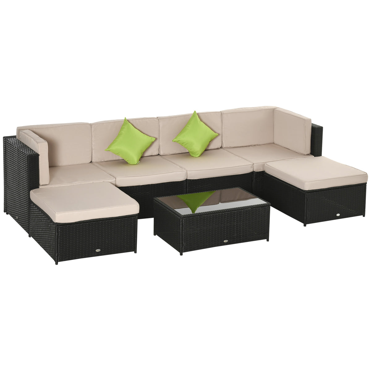 Conjunto de Móveis de Jardim de Vime PE Conjunto de 7 Peças Mesa Sofás Bancos com Almofadas Laváveis Preto Areia e Verde — foto 1