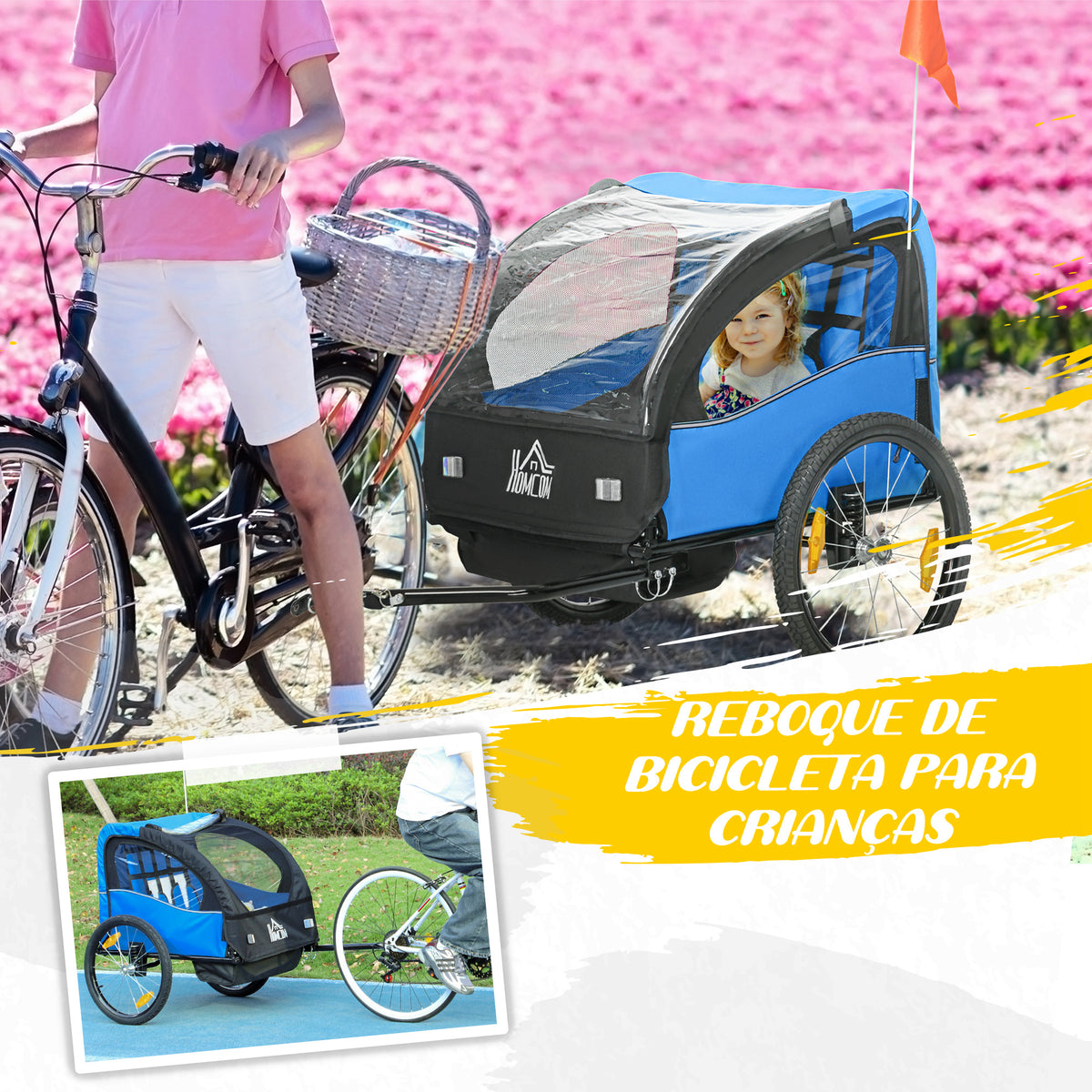Reboque de Bicicleta para Crianças acima de 18 Meses Reboque de Bicicleta com 2 Lugares com Cinto de Segurança Espaço de Armazenamento e Sistema de Amortecimento 140x88x90 cm Azul — foto 4