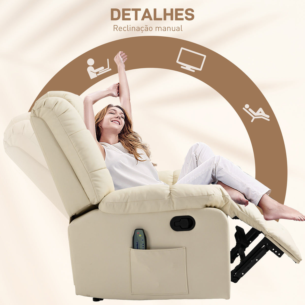 Poltrona de Massagem Poltrona Relax Reclinável com 8 Pontos de Massagem Controlo Remoto Estofada em PU Apoio para Pés Bolso Lateral Poltrona para Sala de Estar Quarto 94x99x99 cm Creme — foto 5
