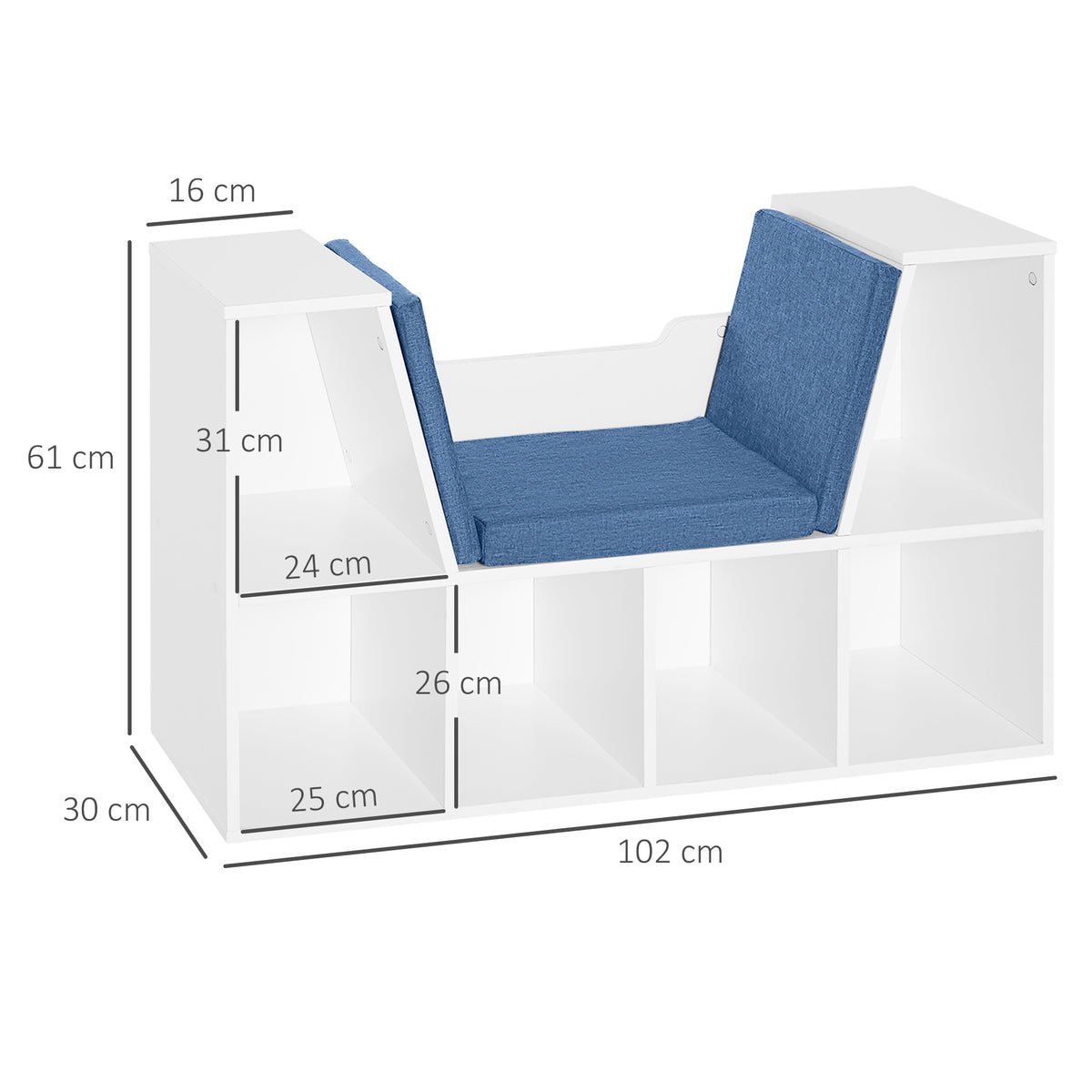 Estante para Livros com Banco Integrado e 6 Cubos Estante Infantil com Assento 102x30x61 cm Branco e Azul — foto 3