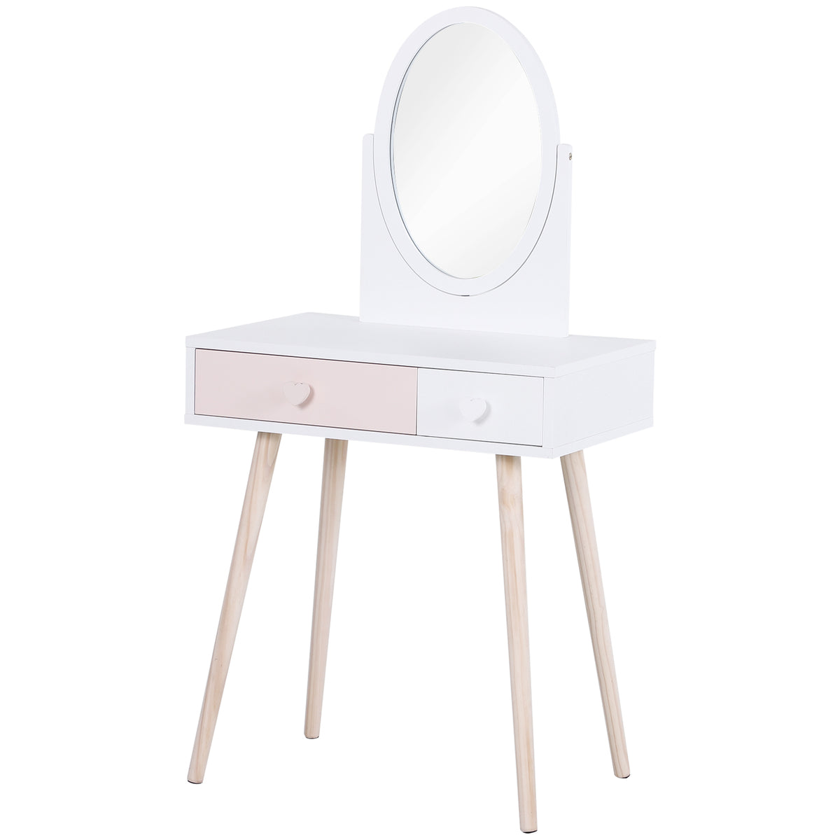 Toucador de Madeira Infantil com Espelho e 2 Gavetas 69x49x136cm Branco e Rosa — foto 1