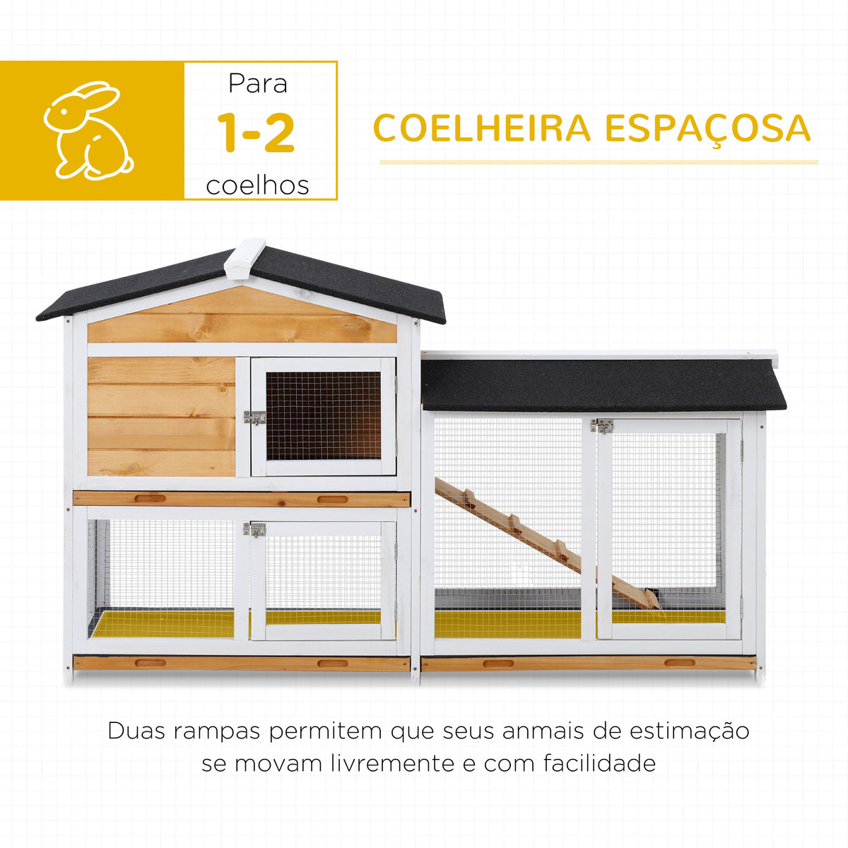 Coelheira de Madeira Exterior Gaiola para Coelhos de 2 Níveis com Teto Asfáltico 2 Cercados de Metal Bandeja Removível 3 Portas e Rampa 157,4x53x93,5cm Natural — foto 5