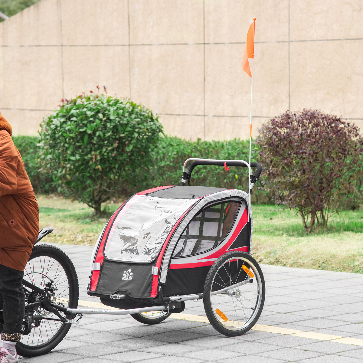 Reboque de Bicicleta para Crianças acima de 18 Meses 2 em 1 Carrinho de Passeio de 2 Lugares com Freio de Mão Cinto de Segurança Bandeira e Refletores 142x75x101cm Vermelho — foto 2