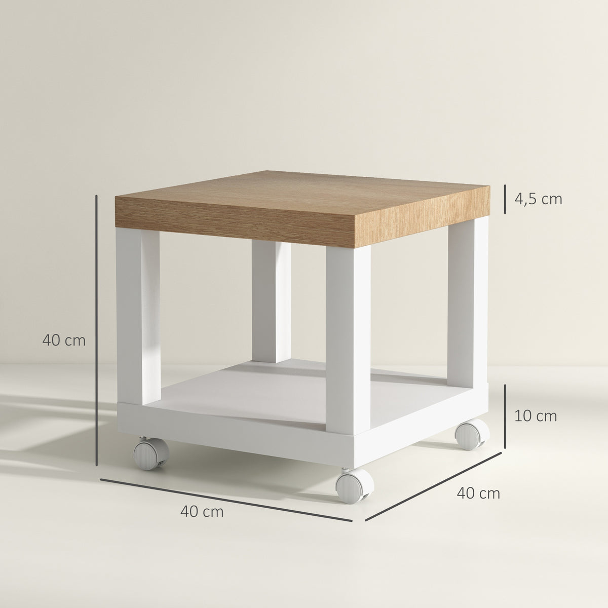 Mesa Auxiliar com Rodas Mesa Auxiliar com Prateleira Aberta para Sofá Dormitório 40x40x40 cm Branco e Madeira — foto 3