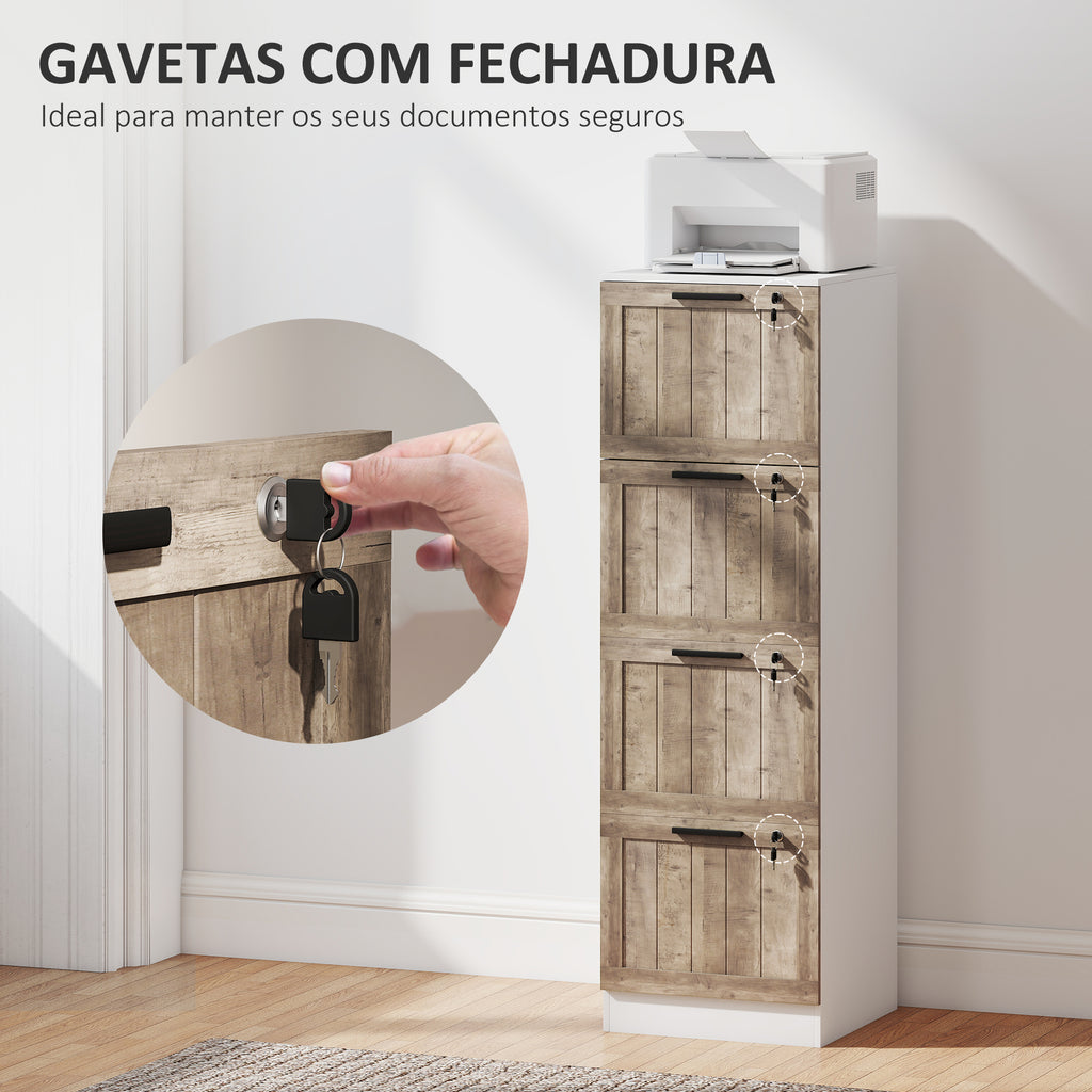 Bloco de Gavetas de Escritório com 4 Gavetas Bloco de Gavetas para Secretária com Fecho e 2 Chaves Barras para Pendurar A4 Carta Arquivador Móvel para Estudo 39,4x40x129 cm Branco e Madeira — foto 6
