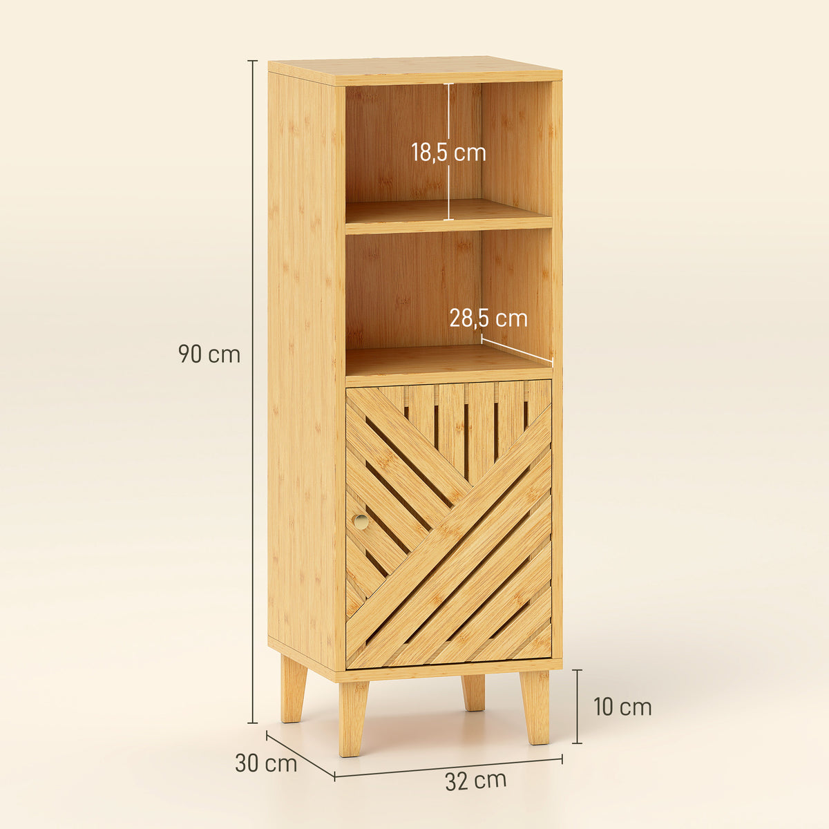 Armário de Casa de Banho Estreito Móvel Auxiliar de Casa de Banho 32x30x90 cm com 2 Prateleiras Abertas Porta e Pés de Bambu Estilo Moderno para Espaços Pequenos Madeira — foto 3