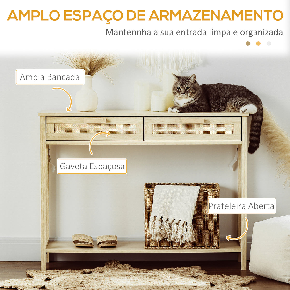 Mesa de console em malha Mesa de entrada com 2 gavetas e prateleira inferior para o corredor Quarto sala de estar Estilo rústico 100x30x76 cm Natural — foto 4