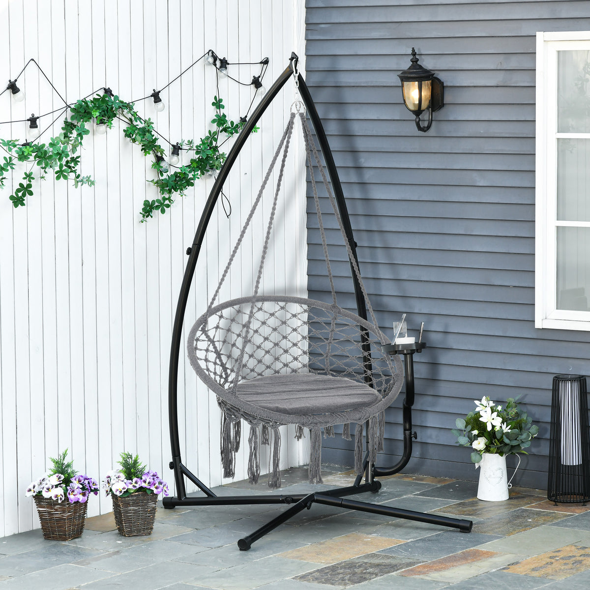 Suporte para cadeira suspensa Suporte giratório de 190 cm com mesa lateral carga máx.120kg Estrutura metálica para jardim de pátio preto — foto 2