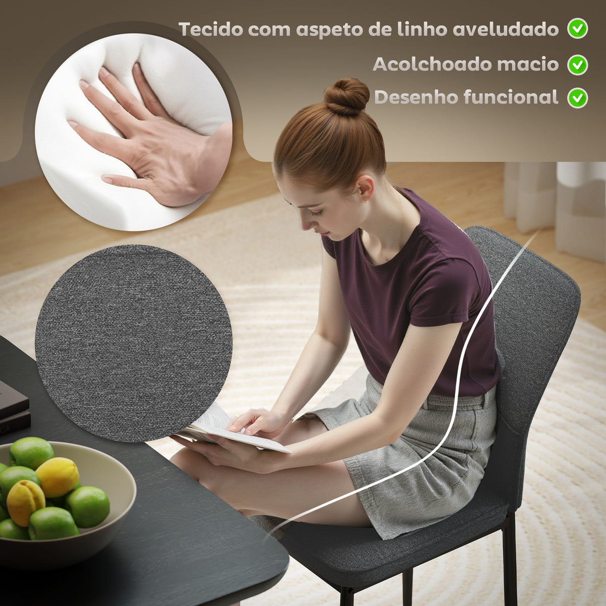 Conjunto de 2 Cadeiras de Jantar Modernas Cadeiras de Cozinha com Assento Acolchoado e Estofado Encosto Curvo Pés de Aço para Sala Quarto 45x57x86 cm Cinzento — foto 5