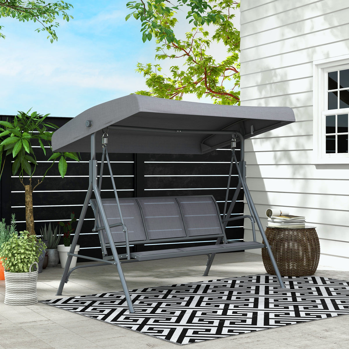 Baloiço de Jardim Exterior de 3 Lugares com Toldo Reclinável, Baloiço de Jardim com Encosto Respirável e Estrutura de Aço, para Terraço e Varanda, 175x118x159 cm, Cinzento — foto 2