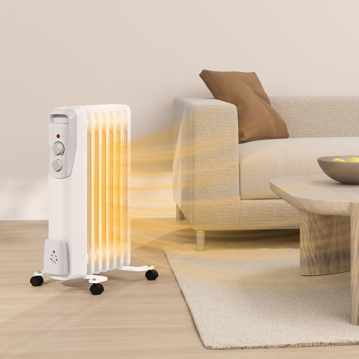 Aquecedor a Óleo Silencioso 1500W Aquecedor Elétrico Baixo Consumo com Rodas Temperatura Ajustável Proteção Sobreaquecimento 3 Configurações de Aquecimento para 20 m² 29x40x62 cm Branco — foto 2