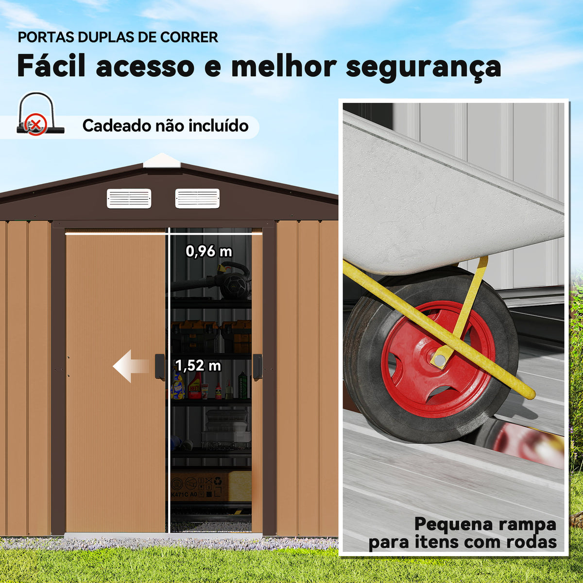 Abrigo de Jardim Exterior 4,83m² 277x195x192cm Abrigo de Jardim Metálico para Armazenamento de Ferramentas com Base de Reforço Incluída e 4 Janelas Marrom — foto 5