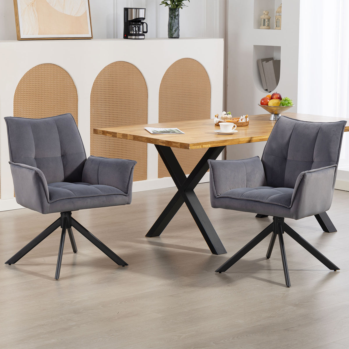 Conjunto de 2 Cadeiras de Refeição Giratórias 360° Cadeiras de Cozinha com Apoio de Braços Encosto Estofado Estofamento em Veludo Pés em Aço para Escritório Conferência Sala de Estar 63x64x85 cm Cinza — foto 2