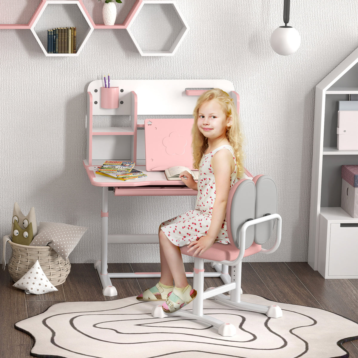 Conjunto de Secretária e Cadeira para Crianças acima de 3 Anos Secretária Infantil Altura Ajustável com Tampo Inclinável Gaveta e Prateleiras Encosto Acolchoado, para Livros 80x55x107,5 cm Rosa — foto 2