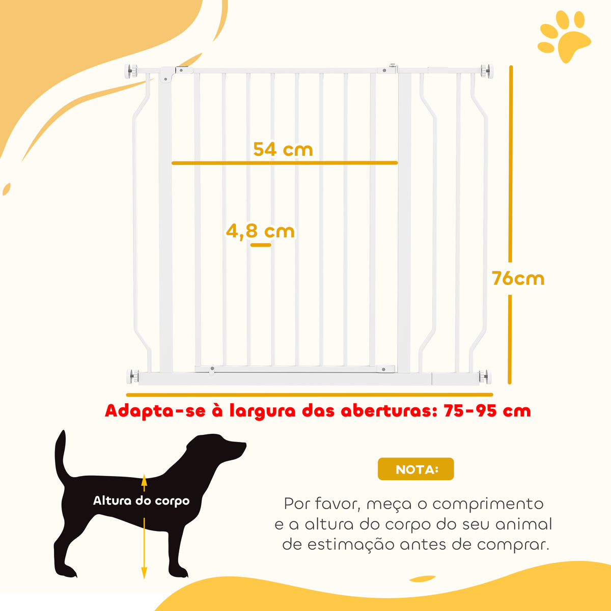 Barreira de Segurança para Cães Extensível para Escadas e Portas 75-95cm com Extensão de 10 cm Montagem a Pressão Aço Altura 76 cm Branco — foto 3